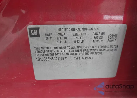 2012 Chevrolet Sonic 2Lt из США, поврежденный, VIN 1G1JC5SH5C4110771